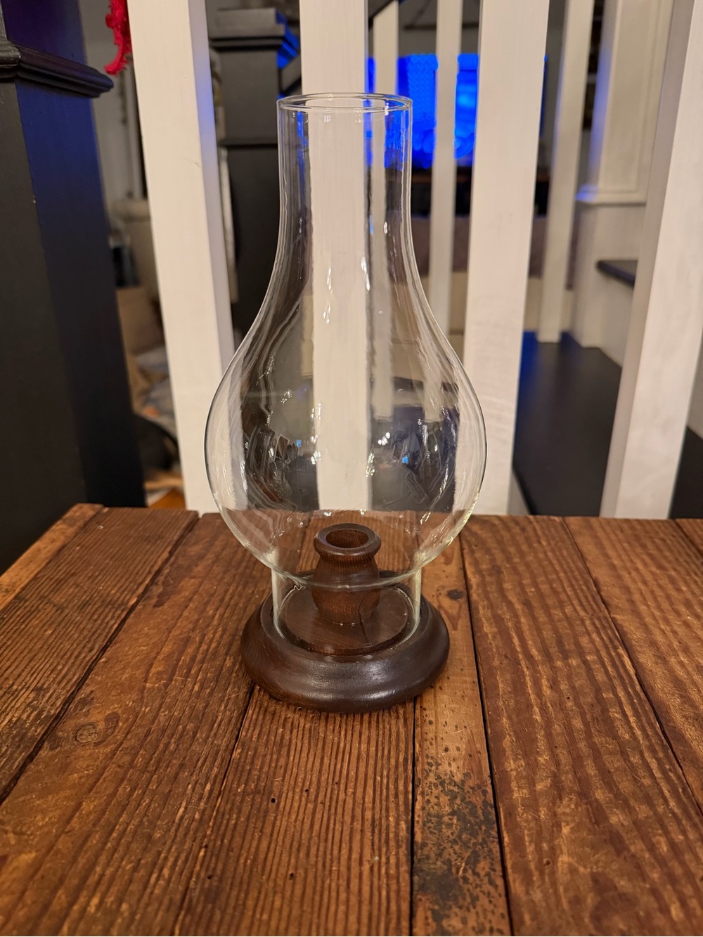 Vintage BOHO Farmhouse Clear Glass Hurricane Lamp with Wood Base